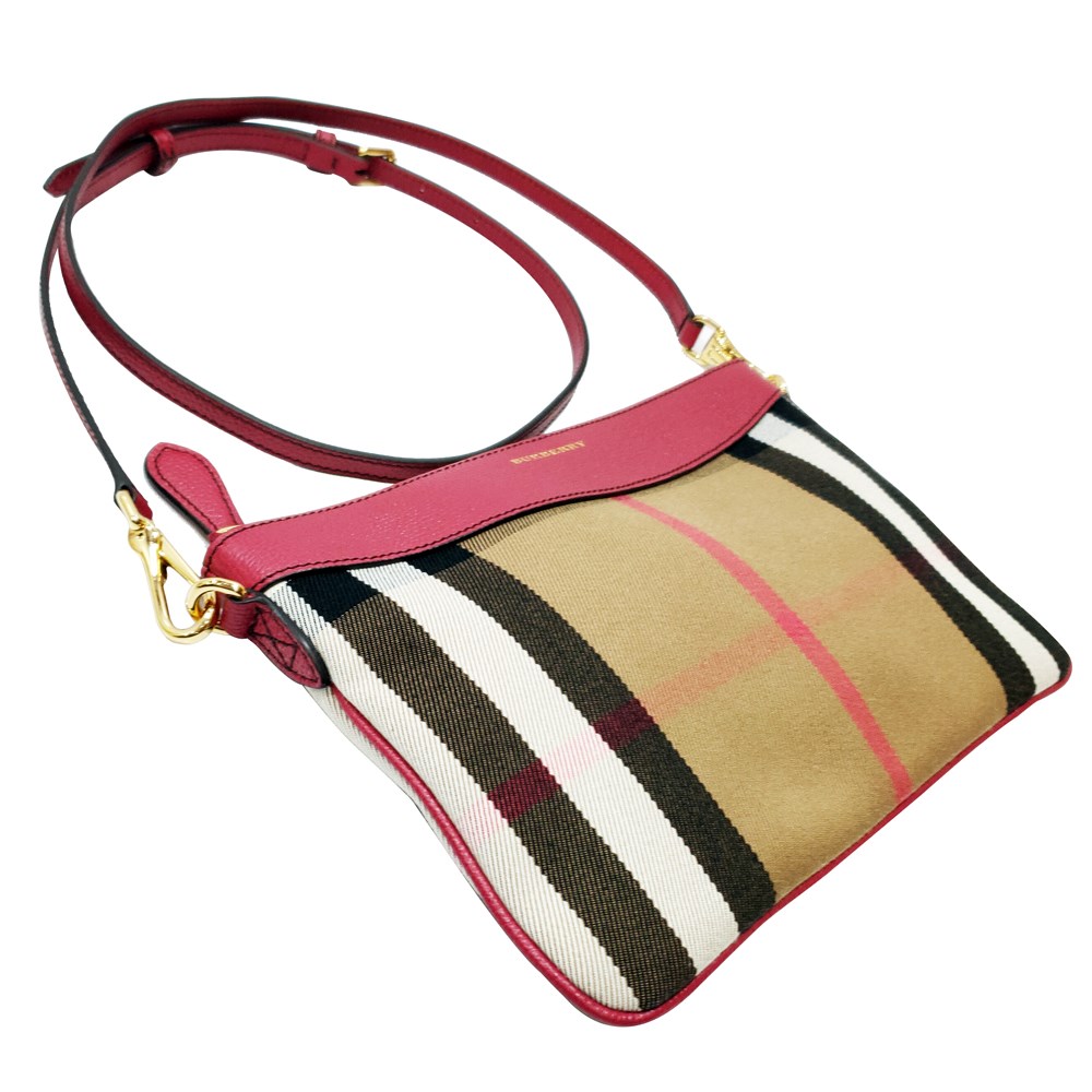 【BURBERRY 】39753681 經典格紋Peyton House系列牛皮飾編肩背斜背/手拿包(紅色)