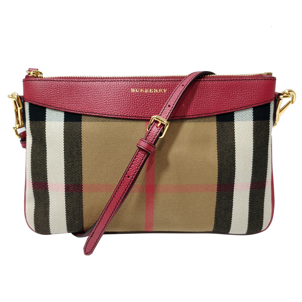 【BURBERRY 】39753681 經典格紋Peyton House系列牛皮飾編肩背斜背/手拿包(紅色)