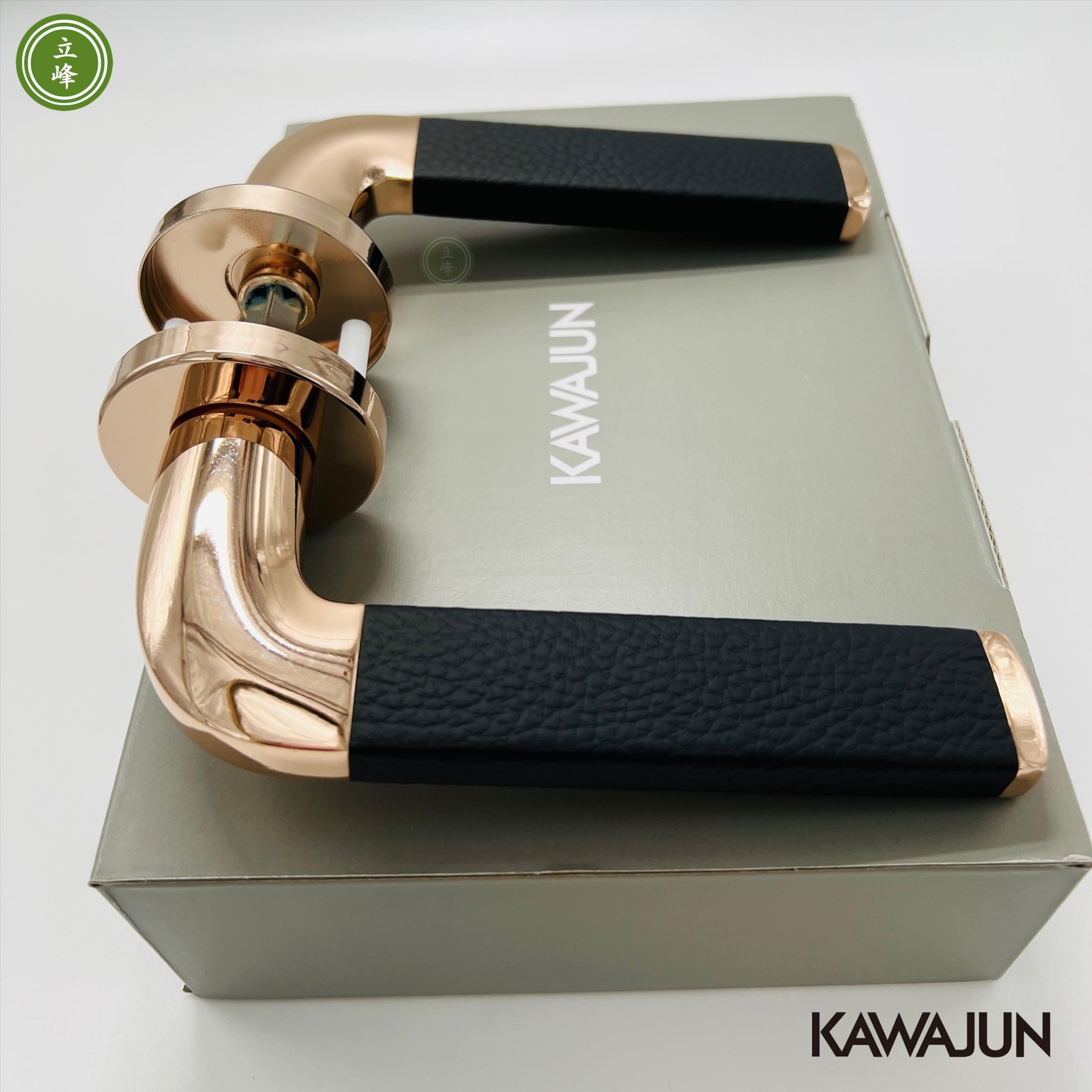 KAWAJUN-FL-亮玫瑰金+黑色皮革 水平門鎖