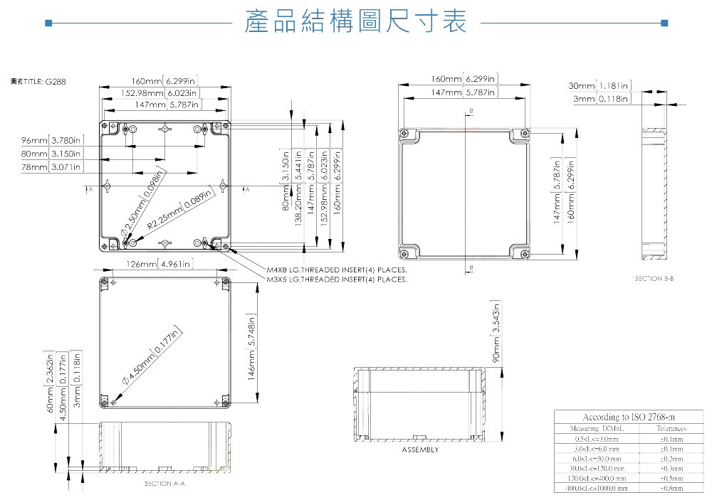 G288 160 x 160 x 90mm 萬用型 IP65 防塵防水 PC 塑膠盒 操作溫度 - 40℃至 120℃