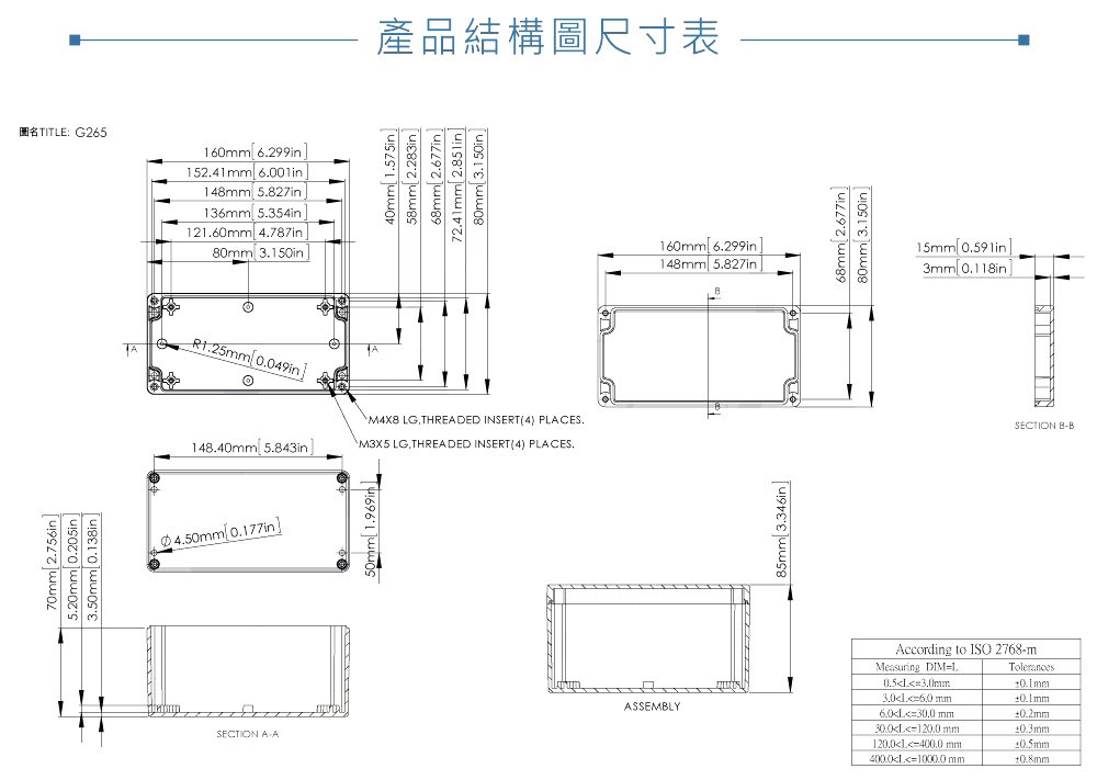 G265 160 x 80 x 85mm 萬用型 IP65 防塵防水 PC 塑膠盒 操作溫度 - 40℃ 至 120℃
