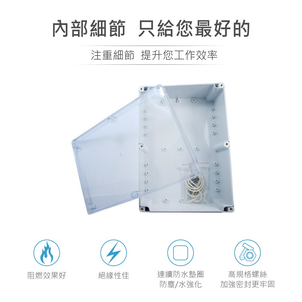 G238C 265 x 185 x 95mm 萬用型 IP65 防塵防水 PC 塑膠盒 透明上蓋 操作溫度 - 40℃ 至 120℃