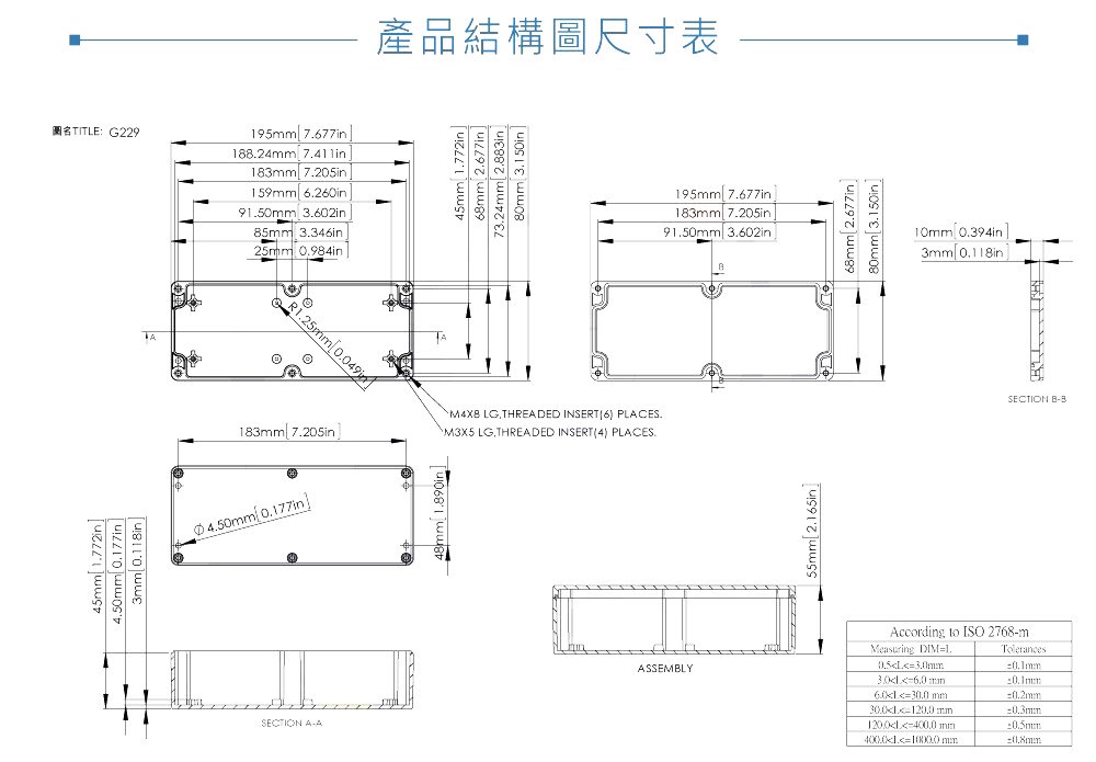 G229 195 x 80 x 55mm 萬用型 IP65 防塵防水 PC 塑膠盒 操作溫度 - 40℃ 至 120℃