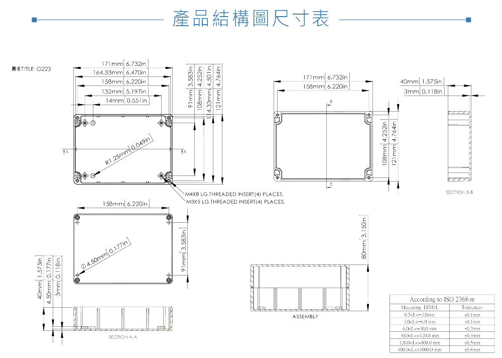 G223 171 x 121 x 80mm 萬用型 IP65 防塵防水 PC 塑膠盒 操作溫度 - 40℃ 至 120℃