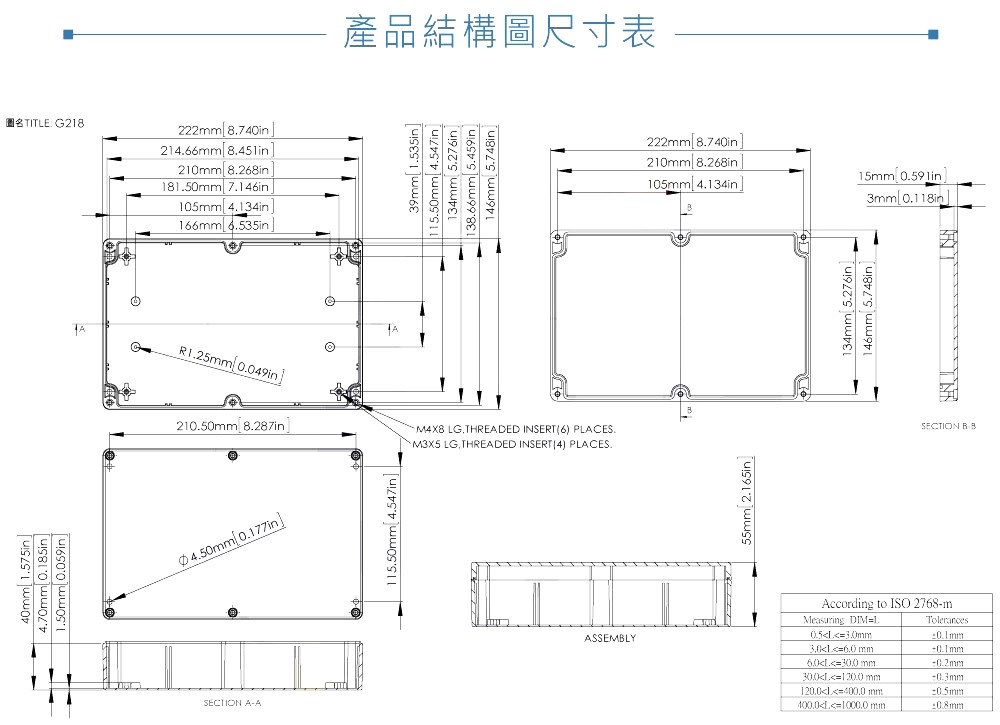 G218 222 x 146 x 55mm 萬用型 IP65 防塵防水 PC 塑膠盒 操作溫度 - 40℃ 至 120℃