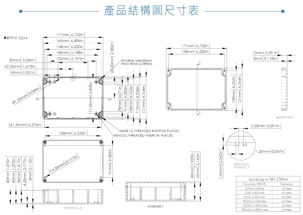 G214 171 x 121 x 55mm 萬用型 IP65 防塵防水 PC 塑膠盒 操作溫度 - 40℃ 至 120℃