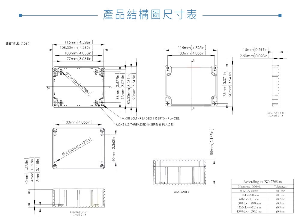 G212 115 x 90 x 55mm 萬用型 IP65 防塵防水 PC 塑膠盒 操作溫度 - 40℃ 至 120℃
