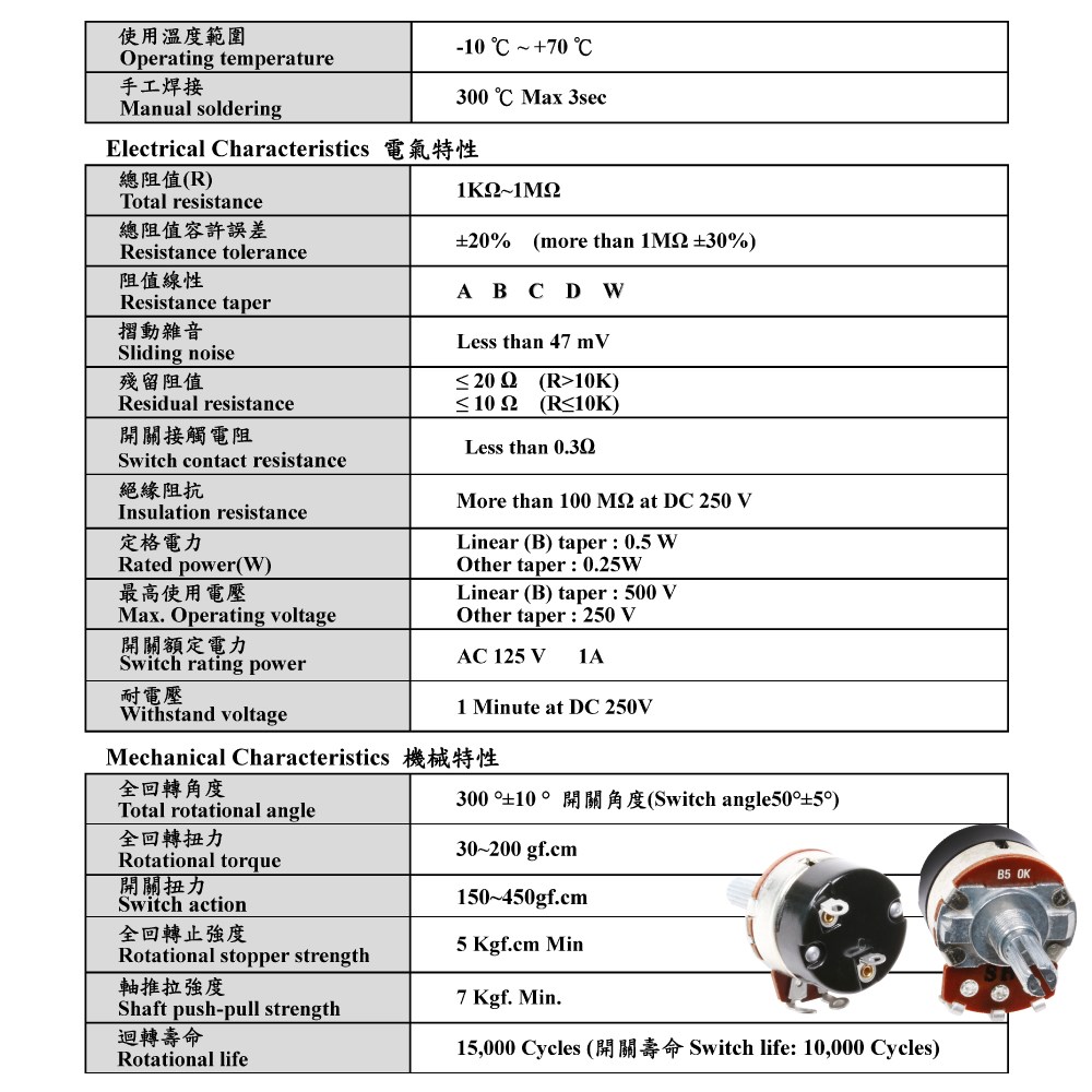 24M/M 金屬軸 碳膜 B型 焊線式 單聯 帶開關 可變電阻/電位器/電位計 10KΩ 軸長20MM