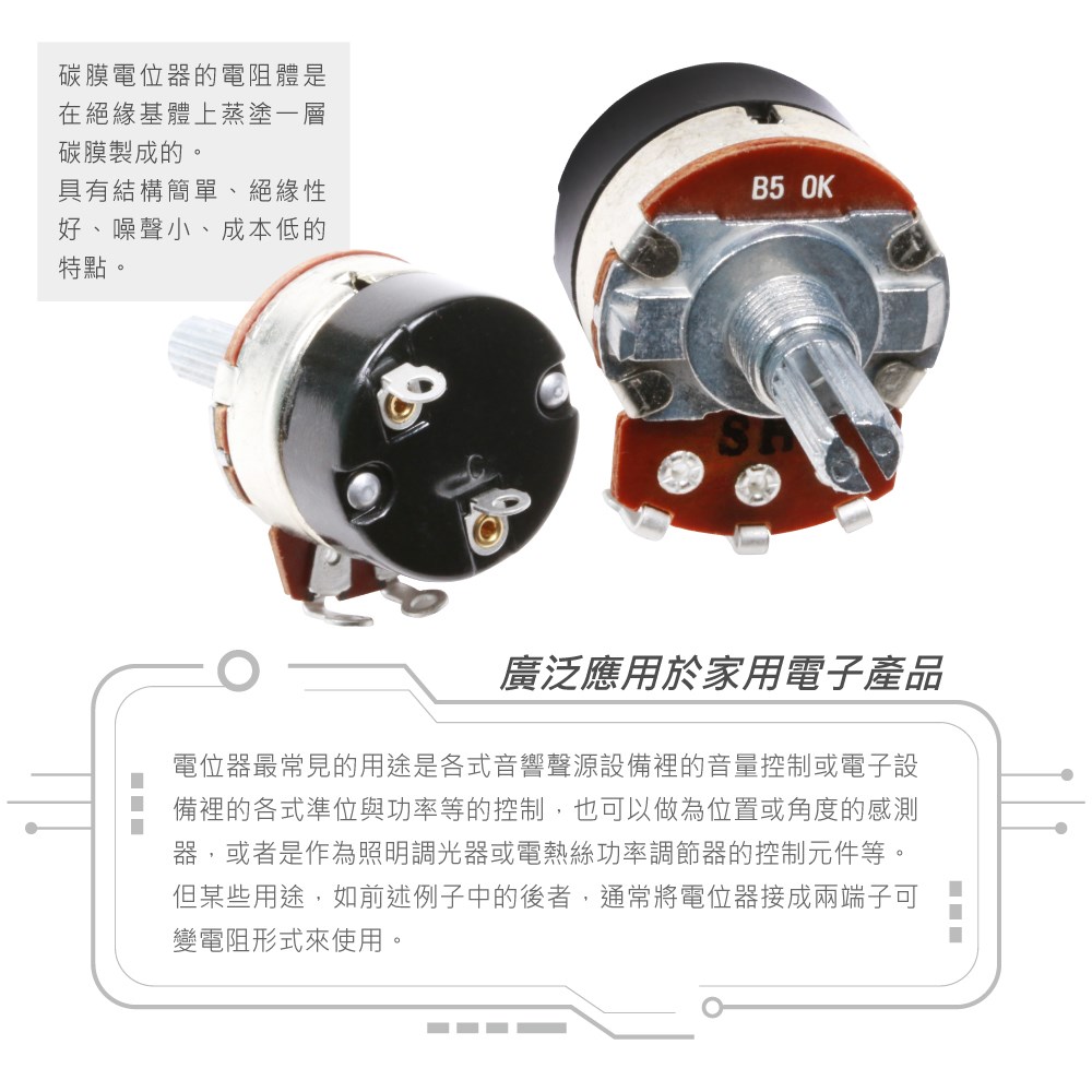 24M/M 金屬軸 碳膜 B型 焊線式 單聯 帶開關 可變電阻/電位器/電位計 2KΩ 軸長20MM