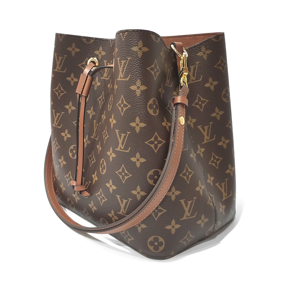【Louis Vuitton 路易威登】M44887 經典Neonoe系列Monogram印花牛皮鑲飾束口斜背/肩背水桶包(焦糖色)
