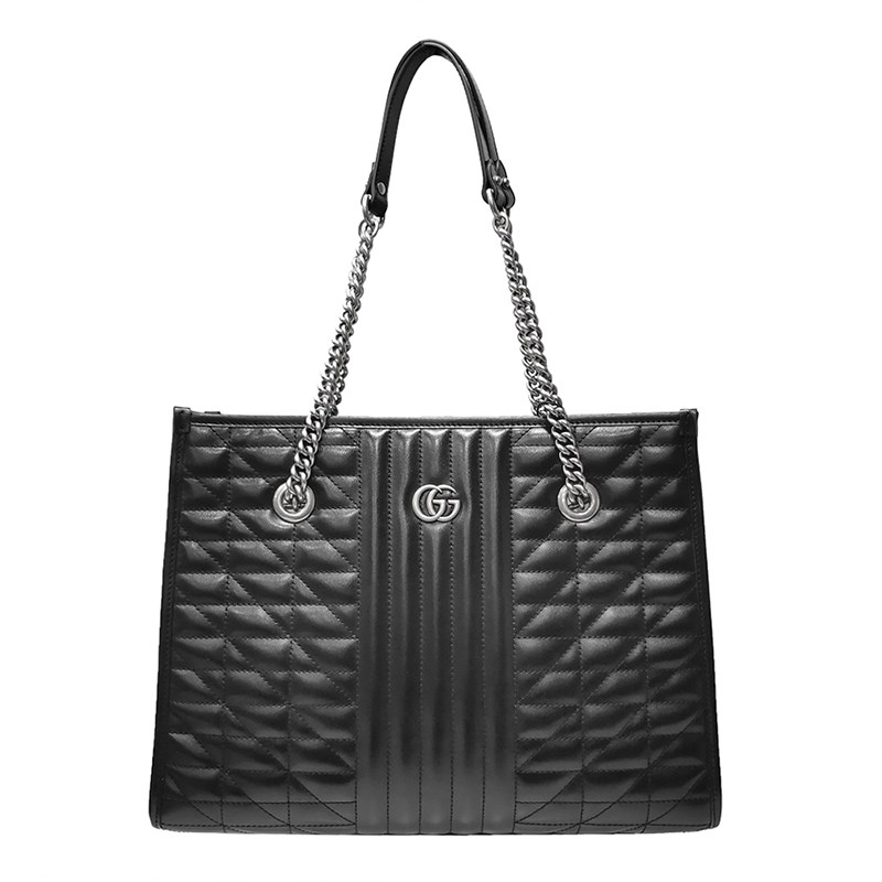 【GUCCI 古馳】675796 經典GG Marmont絎縫系列銀釦手提/肩背托特包(黑色)