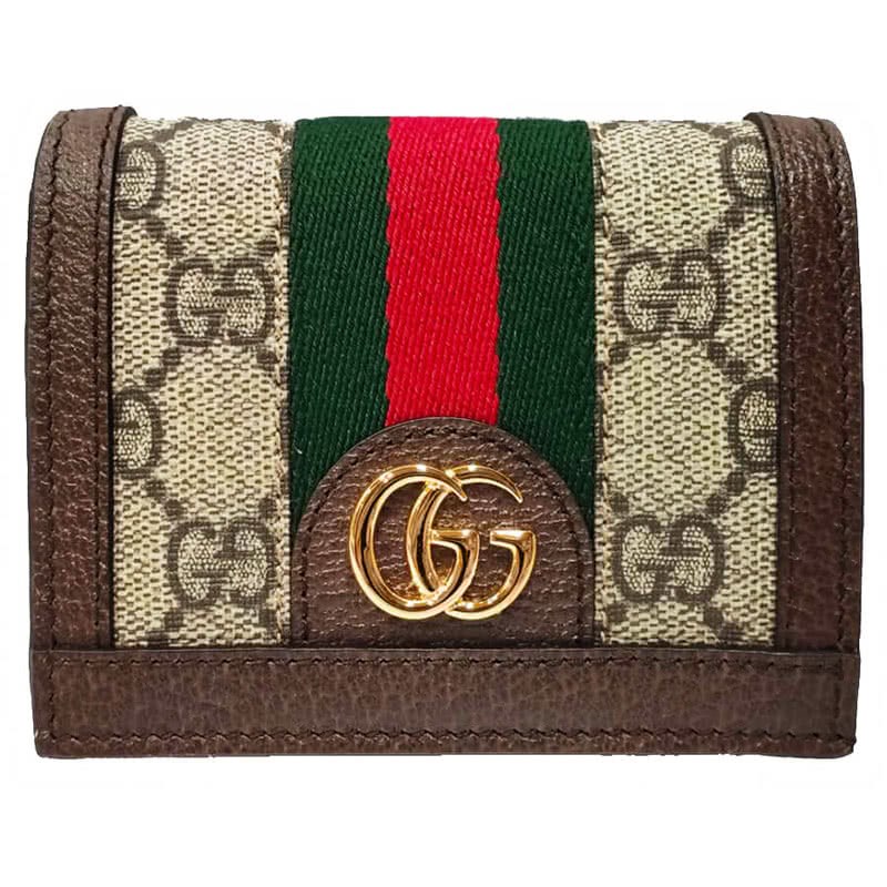 【GUCCI 古馳】523155 經典Ophidia GG印花帆布牛皮飾邊暗釦卡夾/零錢包(棕色)