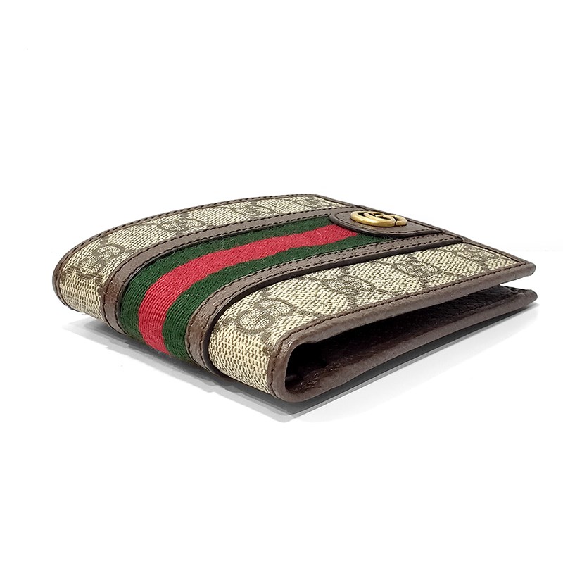 【GUCCI 古馳】597609 經典Ophidia GG印花綠紅綠織帶對開零錢短夾(棕色-4卡)