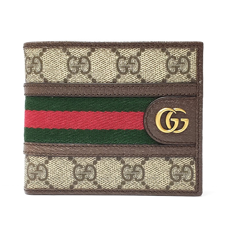 【GUCCI 古馳】597609 經典Ophidia GG印花綠紅綠織帶對開零錢短夾(棕色-4卡)