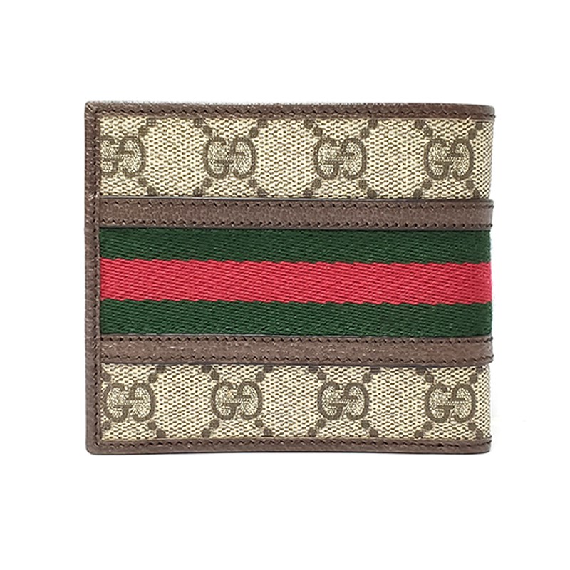 【GUCCI 古馳】597609 經典Ophidia GG印花綠紅綠織帶對開零錢短夾(棕色-4卡)