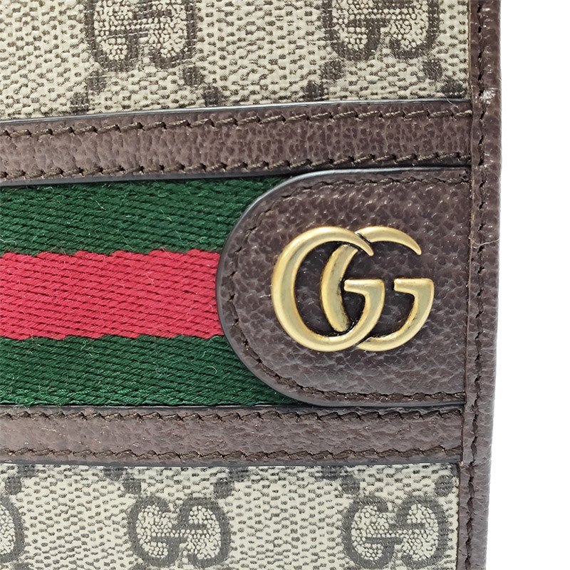 【GUCCI 古馳】597609 經典Ophidia GG印花綠紅綠織帶對開零錢短夾(棕色-4卡)