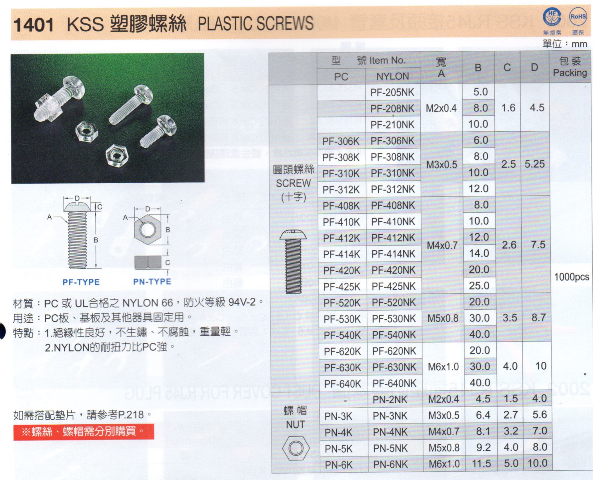 塑膠螺絲(圓頭十字) PF-306K(螺帽另購)