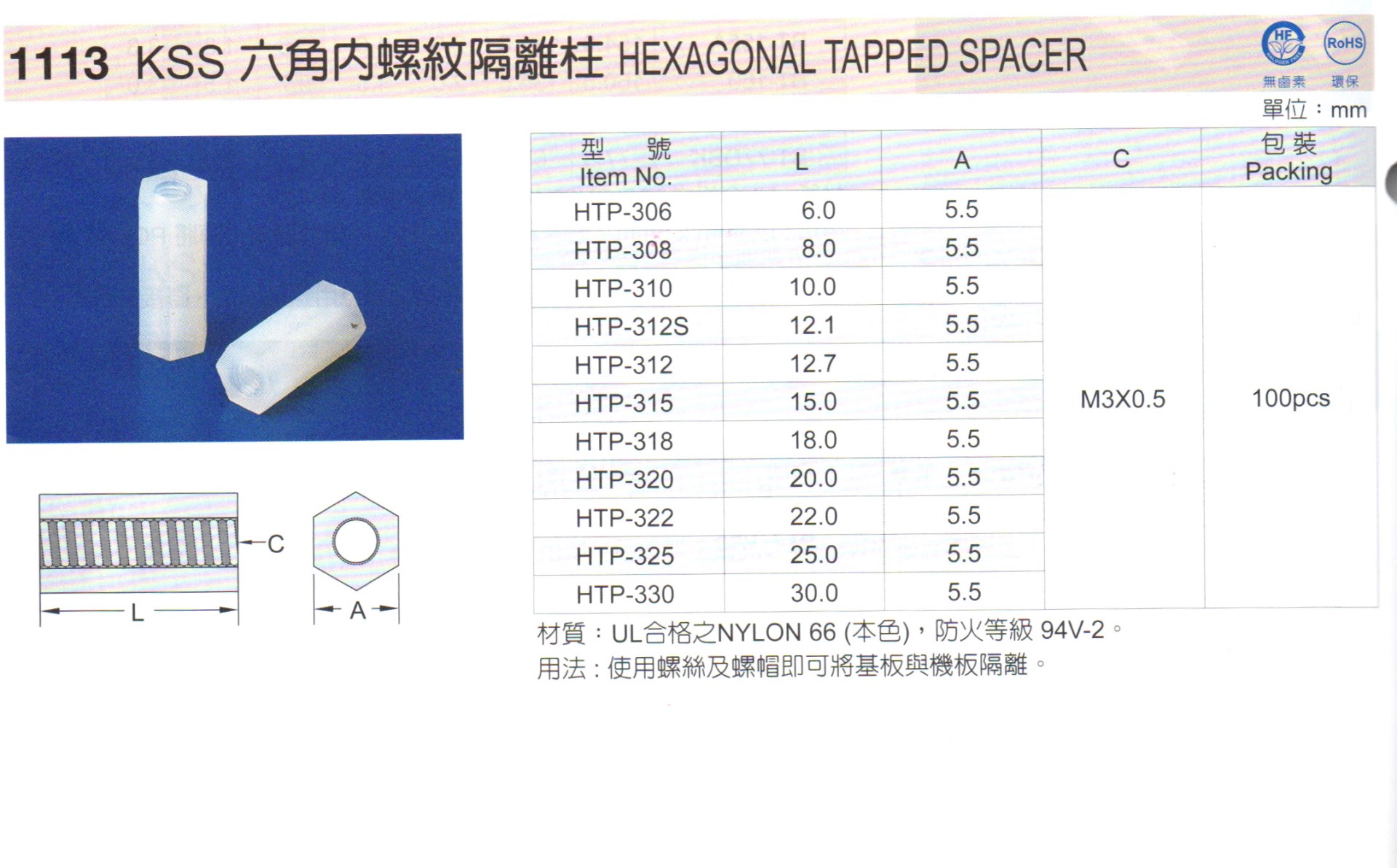 六角內螺紋隔離柱  HTP-308