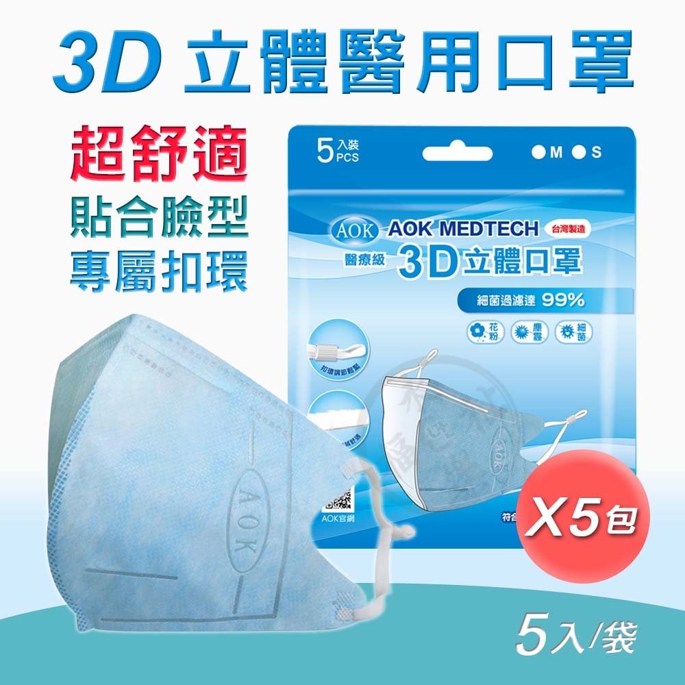 AOK 3D立體醫用口罩 5入/袋  L-黑色-壓條鼻樑