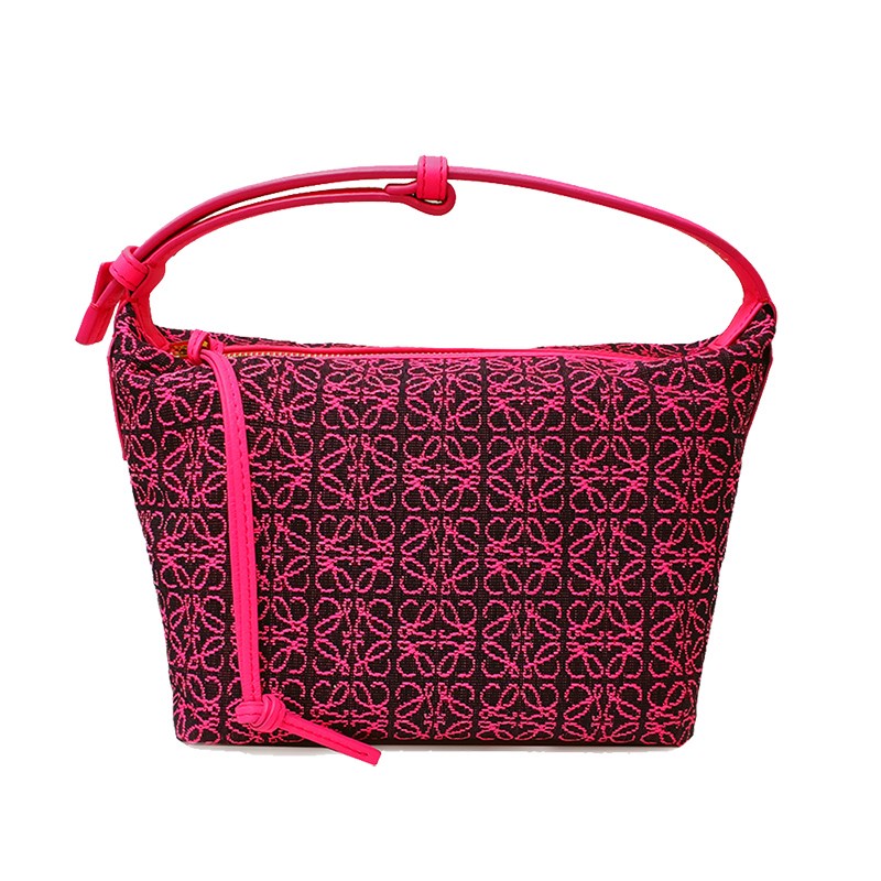 【LOEWE 羅威】A906K75X09 新款Cubi Anagram緹花布面拚接小牛皮手提包(螢光粉)