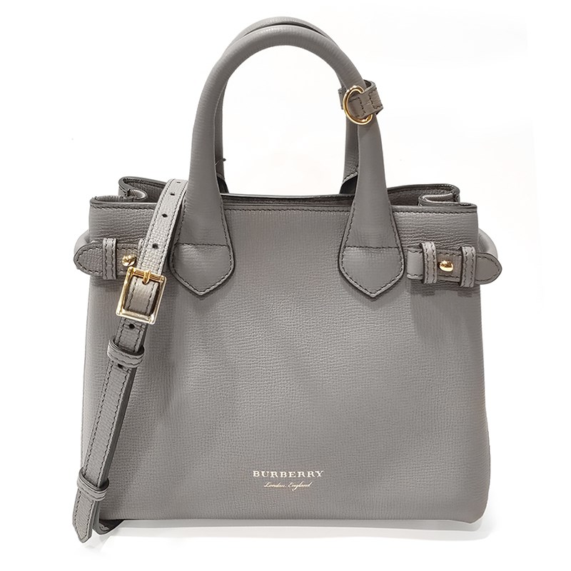 【BURBERRY 巴寶莉】80365671 經典 Banner皮革拚接格紋中型手提包/斜背包(灰色)