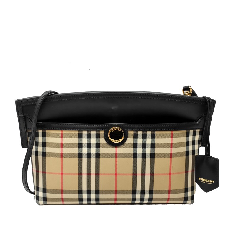 【BURBERRY 巴寶莉】80268361 經典Society系列格紋拼接皮革手拿/肩背斜背兩用包(格紋黑邊)