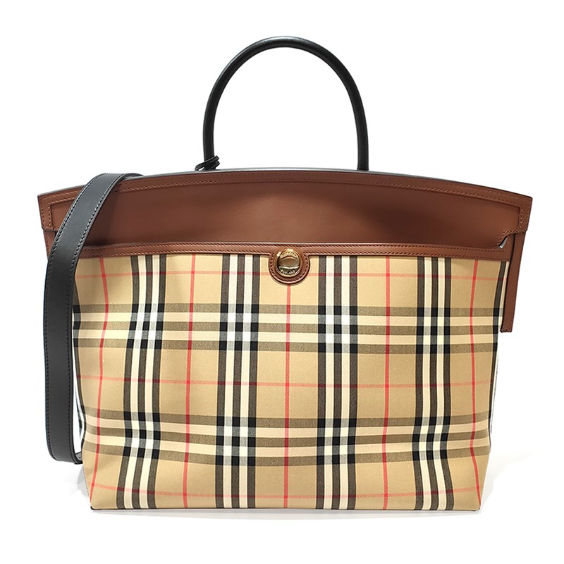 【BURBERRY 巴寶莉】80230191 經典Society Vintage系列格紋拼接皮革手提/斜背肩背兩用包(棕色-大號)