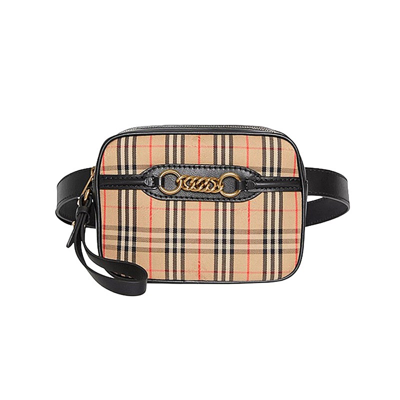 【BURBERRY 巴寶莉】80073501 經典格紋帆布鎖鏈裝飾皮革飾邊胸腰包(黑色)