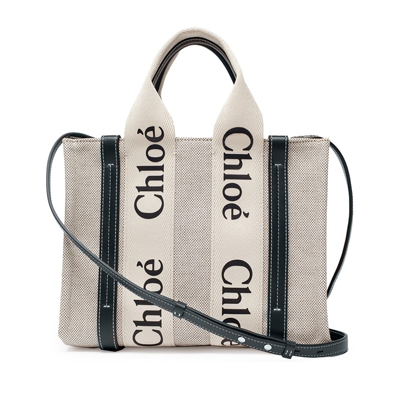 【Chloe’ 蔻依】CHC22AS397J2891J 經典小號Woody tote bag帆布皮革飾邊手提/斜背購物包(藍黑色)