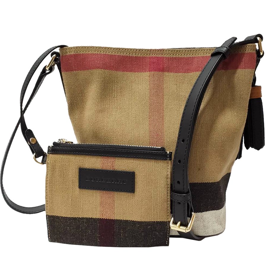 【BURBERRY 巴寶莉】39972841 The Ashby Canvas 格紋拼接皮格流蘇子母水桶包(格紋-黑色)