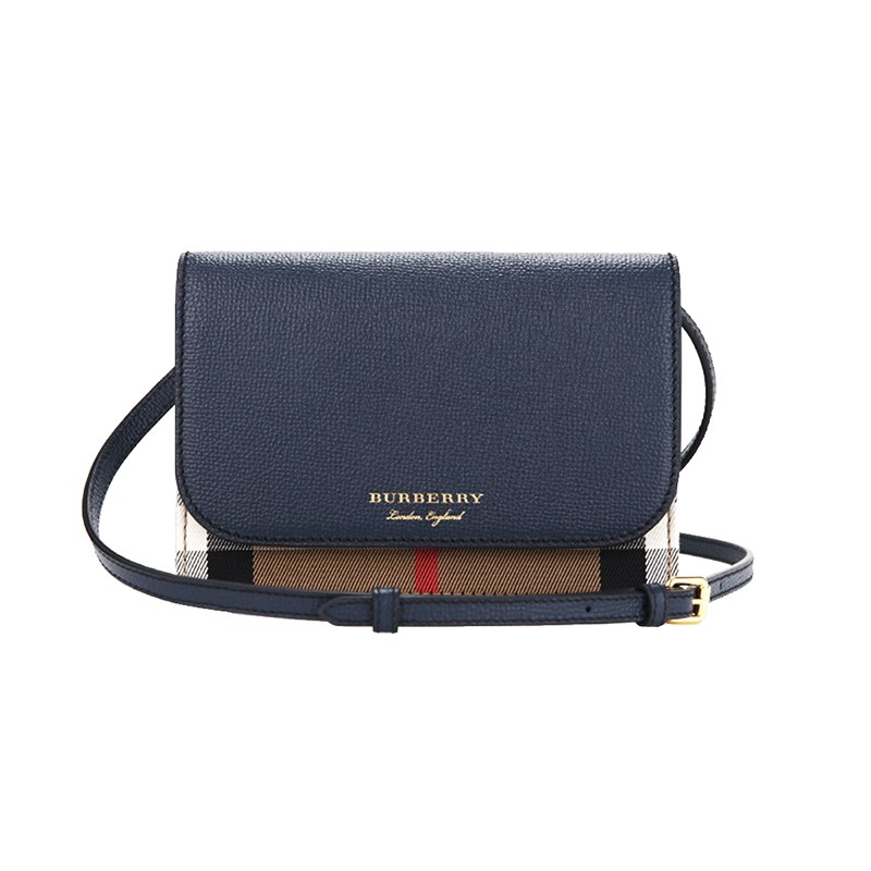 【BURBERRY 巴寶莉】80463171 2022新款經典格紋WOC款拼色翻蓋肩背斜背/手拿包(藍色)