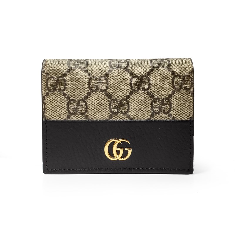 【GUCCI 古馳】658610 經典金屬雙G LOGO牛皮拚帆布暗釦萬用信用卡夾/短夾