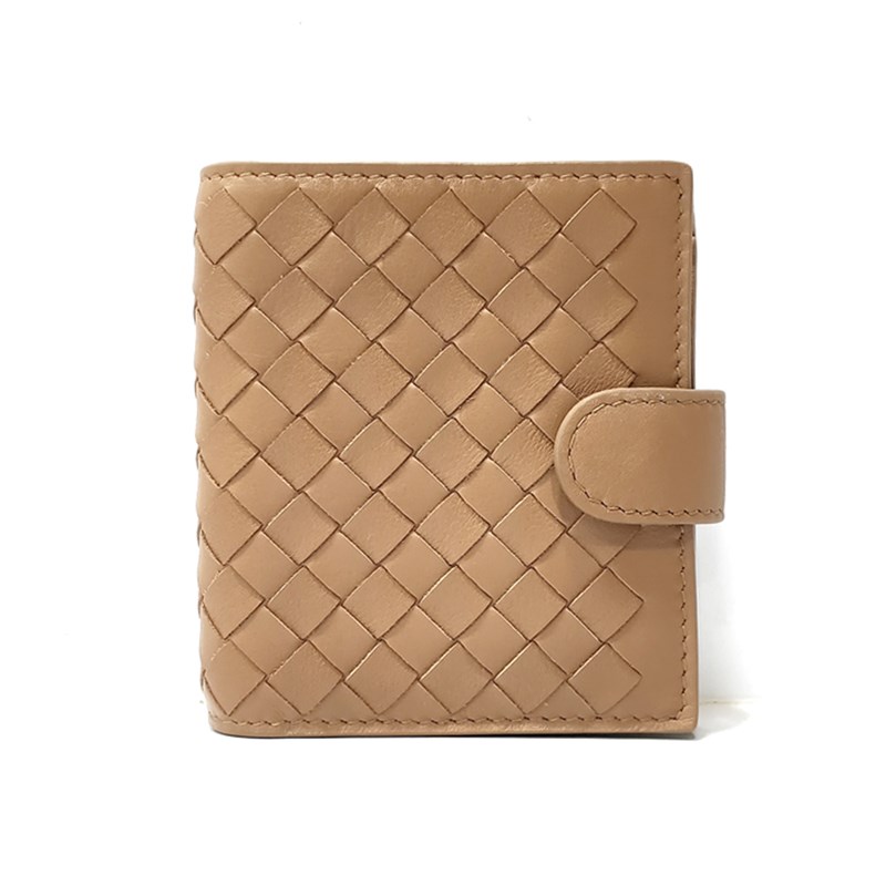 【BOTTEGA VENETA 寶緹嘉】624047 經典編織小羊皮扣式零錢短夾(杏棕)