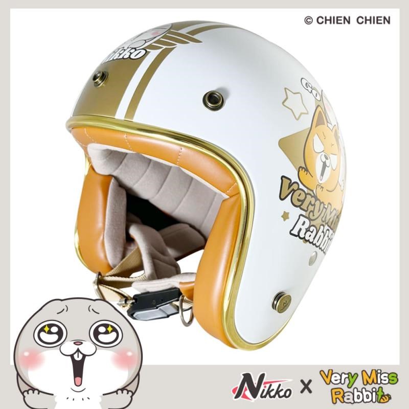 《遠古騎士》NIKKO N-401 美式復古安全帽 好想兔聯名 亮面白 金色邊條 復古帽 安全帽