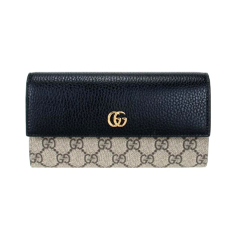   【GUCCI 古馳】456116 經典Petite Marmont 皮革拼接帆布翻蓋長夾(黑色) 