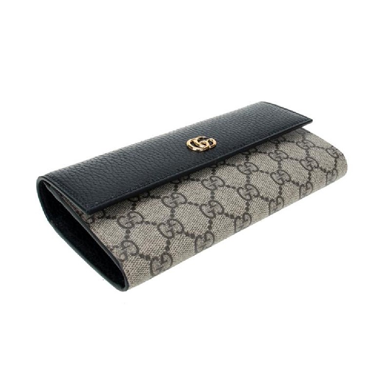   【GUCCI 古馳】456116 經典Petite Marmont 皮革拼接帆布翻蓋長夾(黑色) 