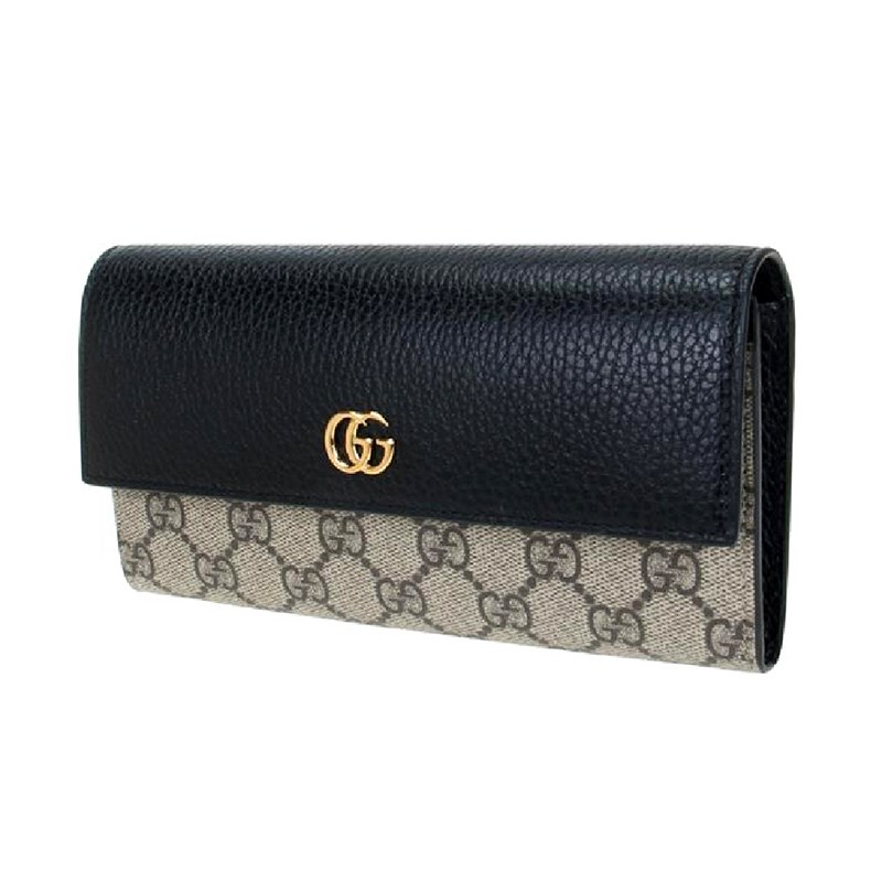   【GUCCI 古馳】456116 經典Petite Marmont 皮革拼接帆布翻蓋長夾(黑色) 