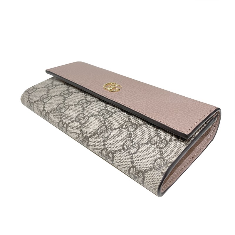  【GUCCI 古馳】456116 經典Petite Marmont 皮革拼接帆布翻蓋長夾(粉色) 