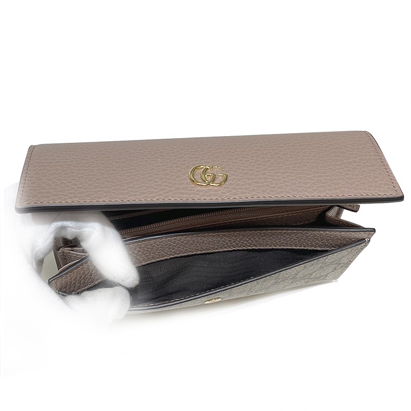   【GUCCI 古馳】456116 經典Petite Marmont 皮革拼接帆布翻蓋長夾(粉色) 