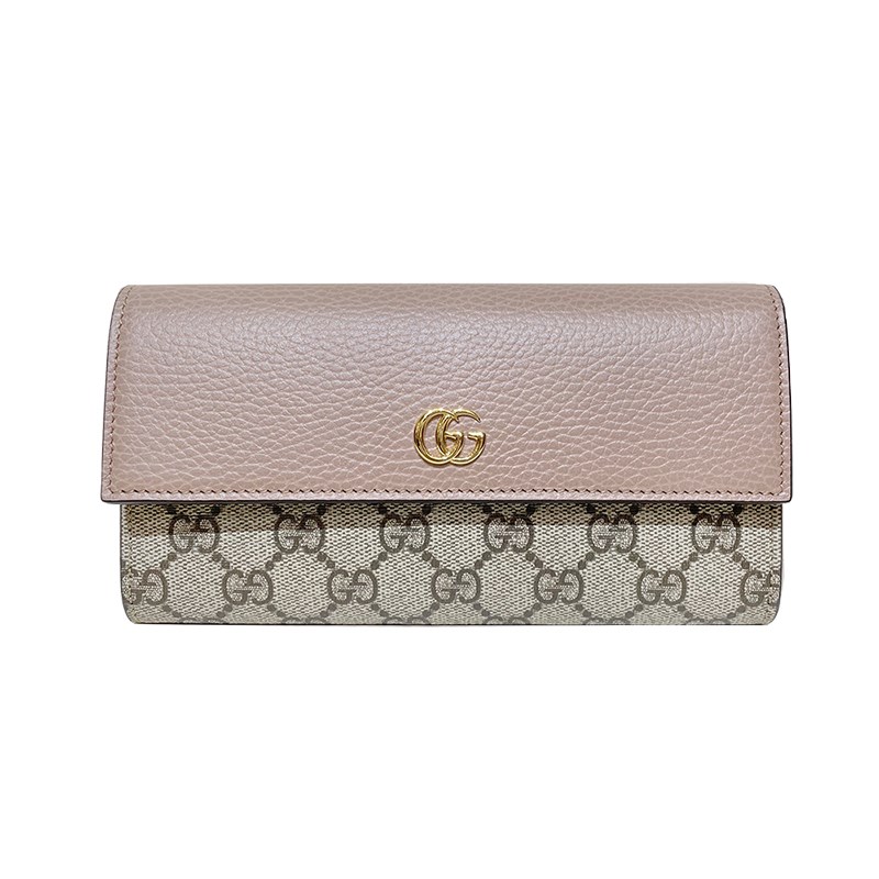   【GUCCI 古馳】456116 經典Petite Marmont 皮革拼接帆布翻蓋長夾(粉色) 