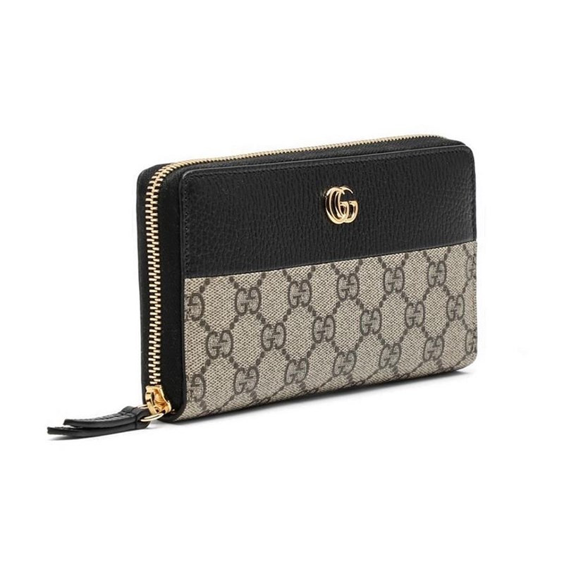 【GUCCI 】456117 經典Petite Marmont 皮革拼接帆布拉鍊長夾(黑色)