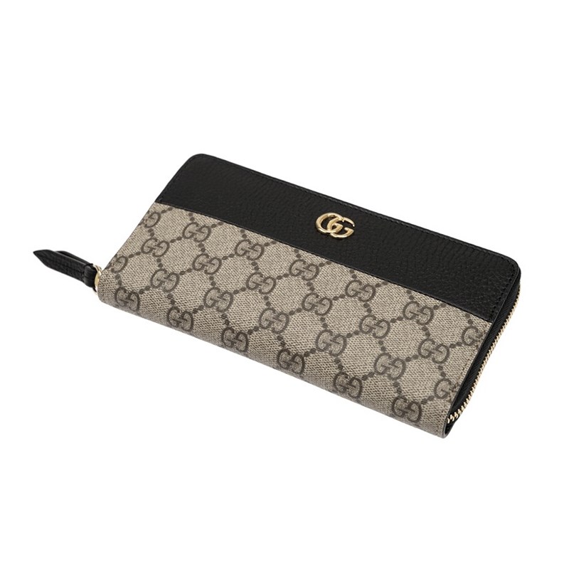 【GUCCI 】456117 經典Petite Marmont 皮革拼接帆布拉鍊長夾(黑色)