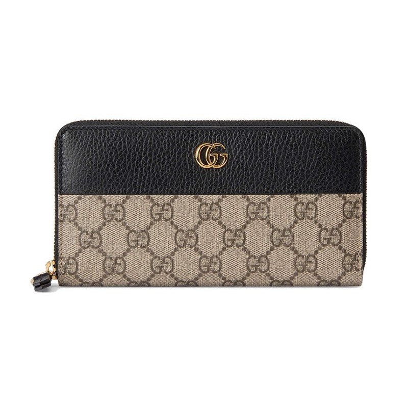 【GUCCI 】456117 經典Petite Marmont 皮革拼接帆布拉鍊長夾(黑色)