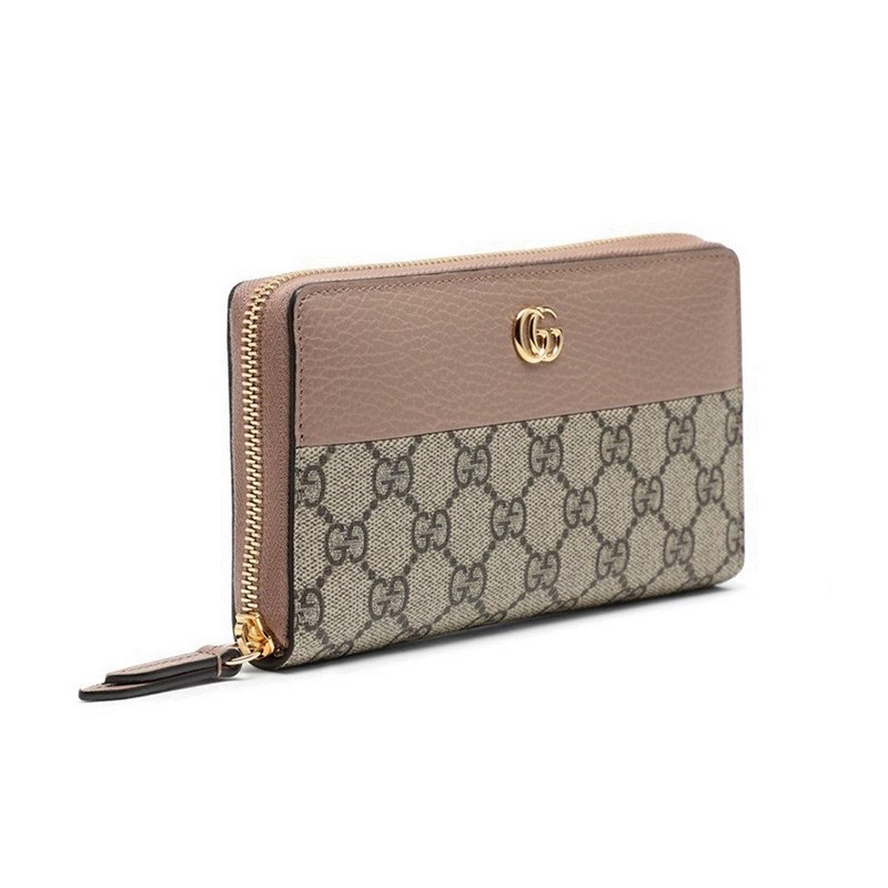 【GUCCI 】456117經典Petite Marmont 皮革拼接帆布拉鍊長夾(粉色)