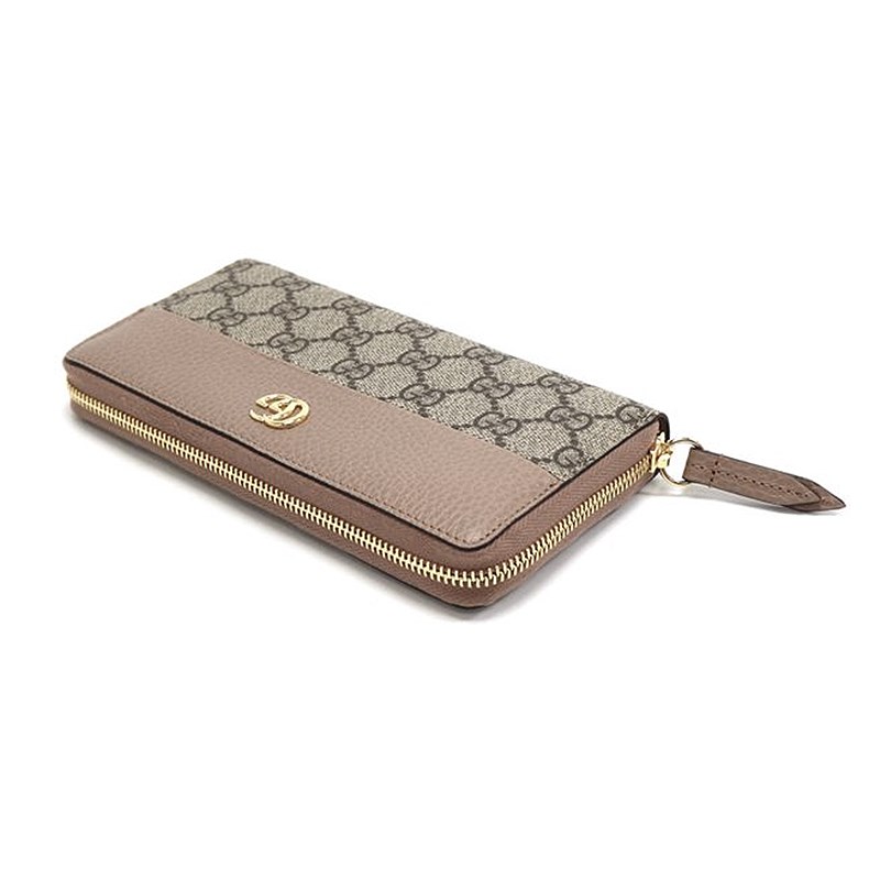【GUCCI 】456117經典Petite Marmont 皮革拼接帆布拉鍊長夾(粉色)