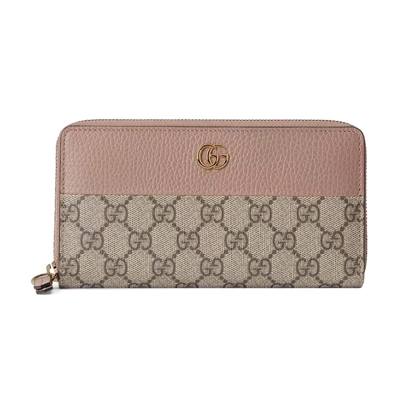 【GUCCI 】456117經典Petite Marmont 皮革拼接帆布拉鍊長夾(粉色)