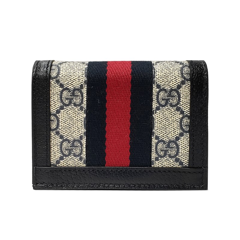 【GUCCI 】523155 經典Ophidia GG印花帆布牛皮飾邊暗釦卡夾/零錢包(藍黑色) 