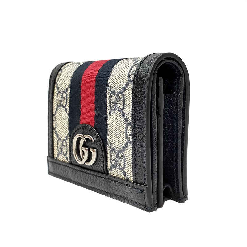 【GUCCI 】523155 經典Ophidia GG印花帆布牛皮飾邊暗釦卡夾/零錢包(藍黑色) 