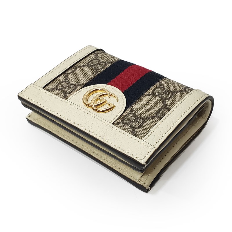   【GUCCI 古馳】523155 經典Ophidia GG印花帆布牛皮飾邊暗釦卡夾/零錢包(白色) 