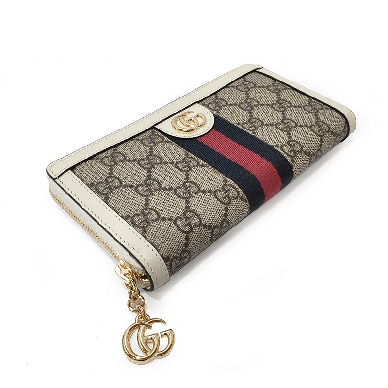   【GUCCI 古馳】523154 經典Ophidia系列GG印花綠紅綠織帶皮革飾邊拉鍊長夾(白色) 